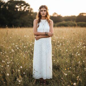 A New Day Boho Women’s Maxi white eyelet Crochet Halter Slit dress sz XS